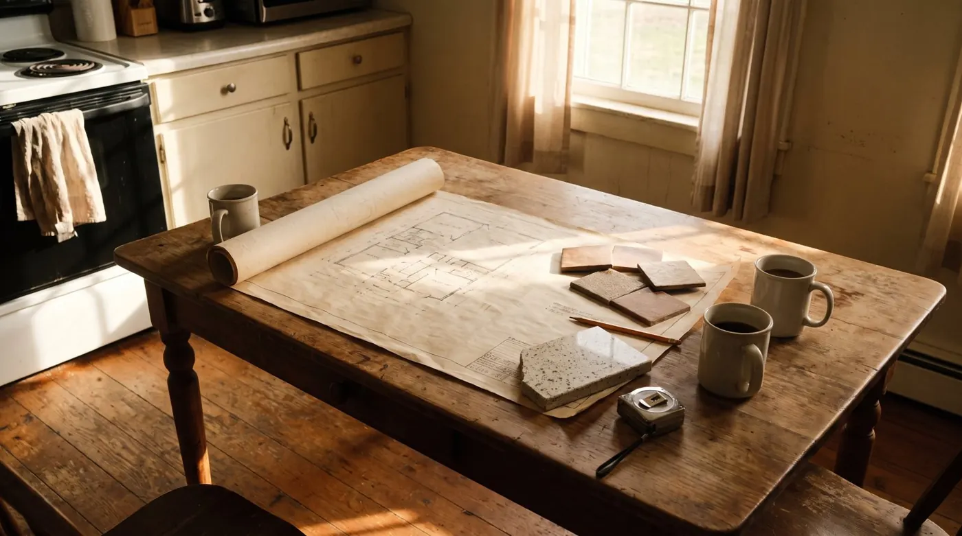 Going over a floor plan and tile samples at the kitchen table